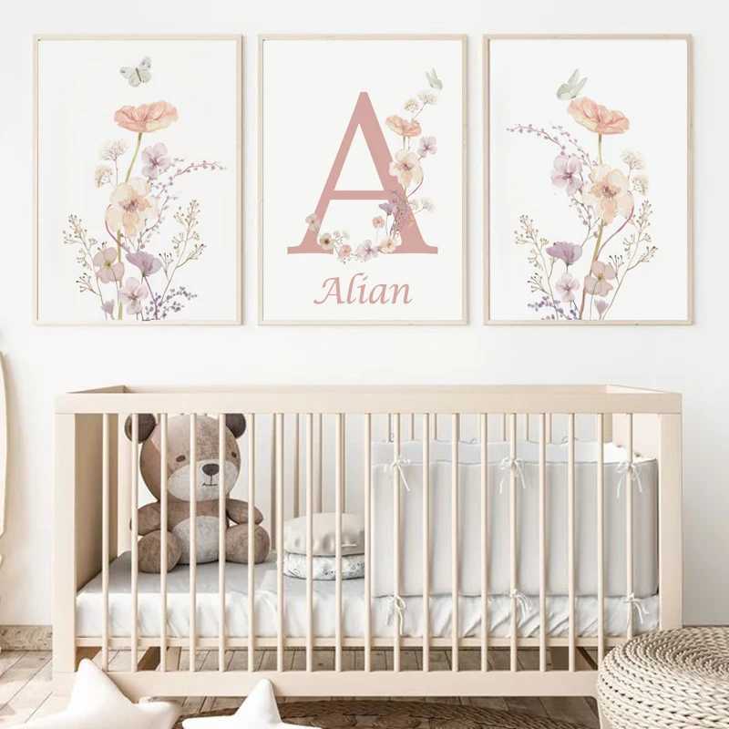 Personalized Name Wildflower Nursery Decoration Poster Picture Floral Canvas Painting Baby Girl Bedroom Wall Art He Decor Y250218