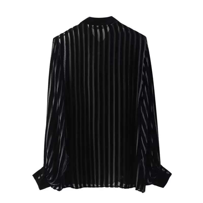 Striped Veet For Black Oversize Shirt Woman Long Sleeve And Blouses Women Semi Sheer Women's Shirts
