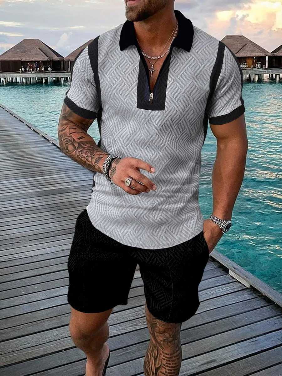 Summer Mens Sports Patchwork Pattern Short Sleeve Stylish Zipper Polo Shirt And Shorts Set Mens Casual Streetwear 2-pieXJ250218