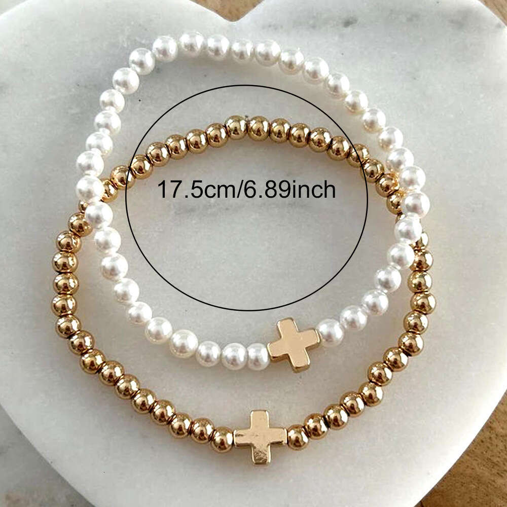 Fashionable and Personalized Iron Gallstone Cross Imitation Pearl Stacked Bracelet, Copper Bead Beaded Women's Bracelet
