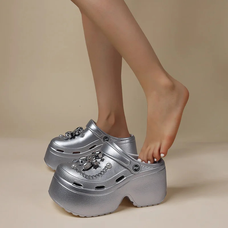 Sier Color Platform Slippers For Women Summer High Heel Shoes Thick Sole DIY Dog Girls Beach Slides Fashion Street Sandals 250221