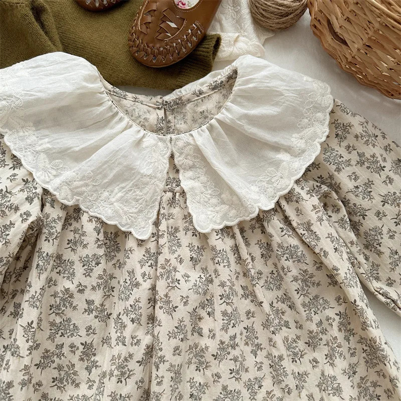 young deer Spring Korean Style Baby Girls Floral Printed Dress Embroidery Lace Toddlers Kids Cotton Princess Dresses 250219