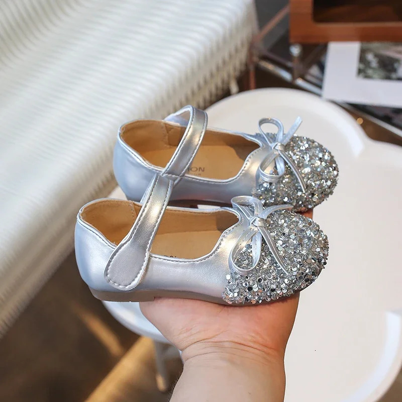 Kids Silver Ballet Shoes Sequins Versatile Girls Princess Leather Shoes Shallow Childrens Fashion Causal Flat Shoes Round-toe 250219