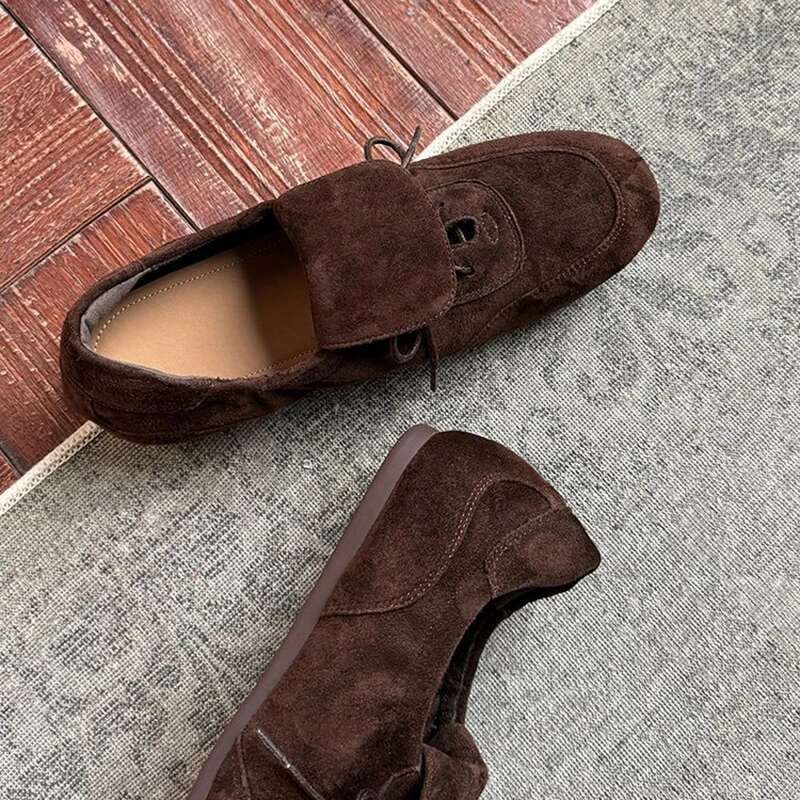 Real cow suede leather women flats lace up casual sport shoes