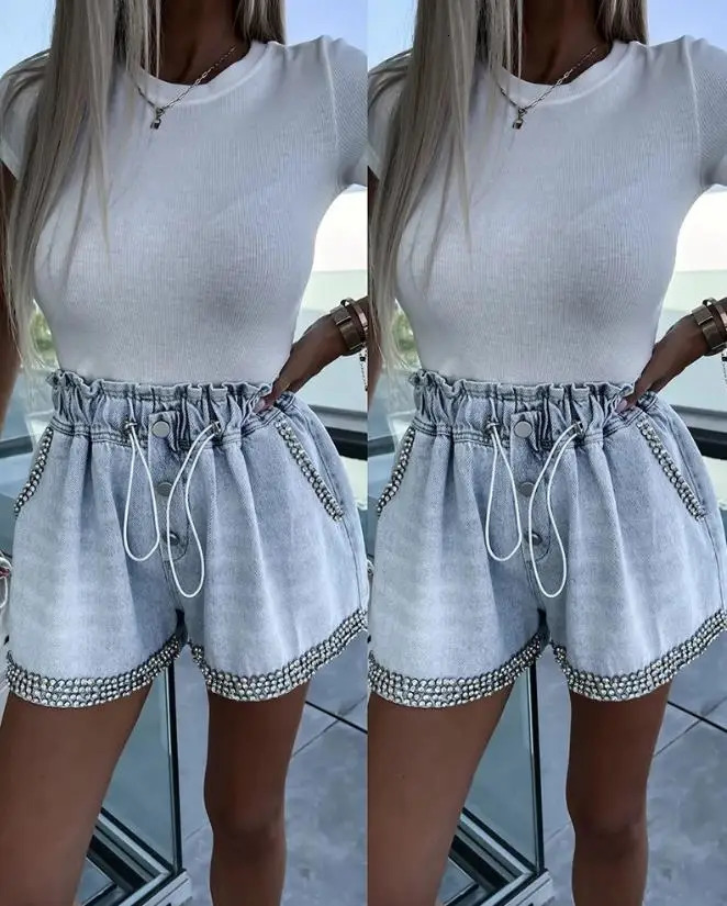 Fashion Summer Casual Bottom Rhinestone Pocket n Denim High Waist Shorts Female Clothing Outfits 250217