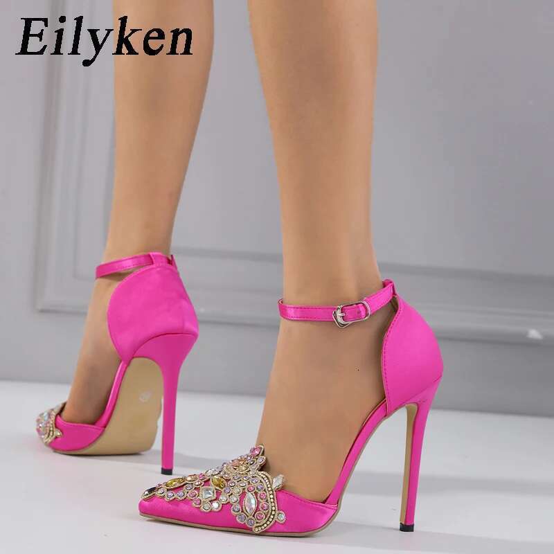 Satin CRYSTAL Pumps Women Ankle Strap Pointed Toe Bridal Stiletto Heels Party Prom Stripper Wedding Shoes atos Mujer