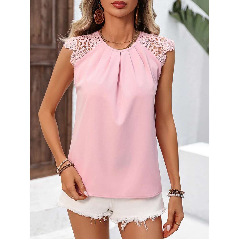 European And American Women's Fashionable, Elegant, Sweet Pleated Round Neck Hollowed Out Off Shoulder Shirt