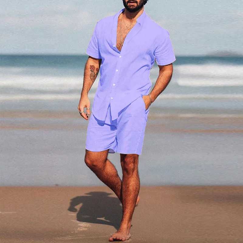 New Mens Hawaiian Set Summer Solid Color Stand Collar Short Sleeve Shirt Beach Shorts Streetwear High Quality 2-Piece Set 2023XJ250218