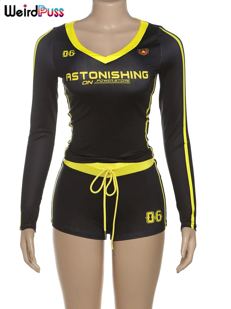 Weird Puss Women Tracksuit 2 Piece Set Stroke Tight Letter Print Sporty Casual Crop TopsShorts Street Matching Outfits 250218