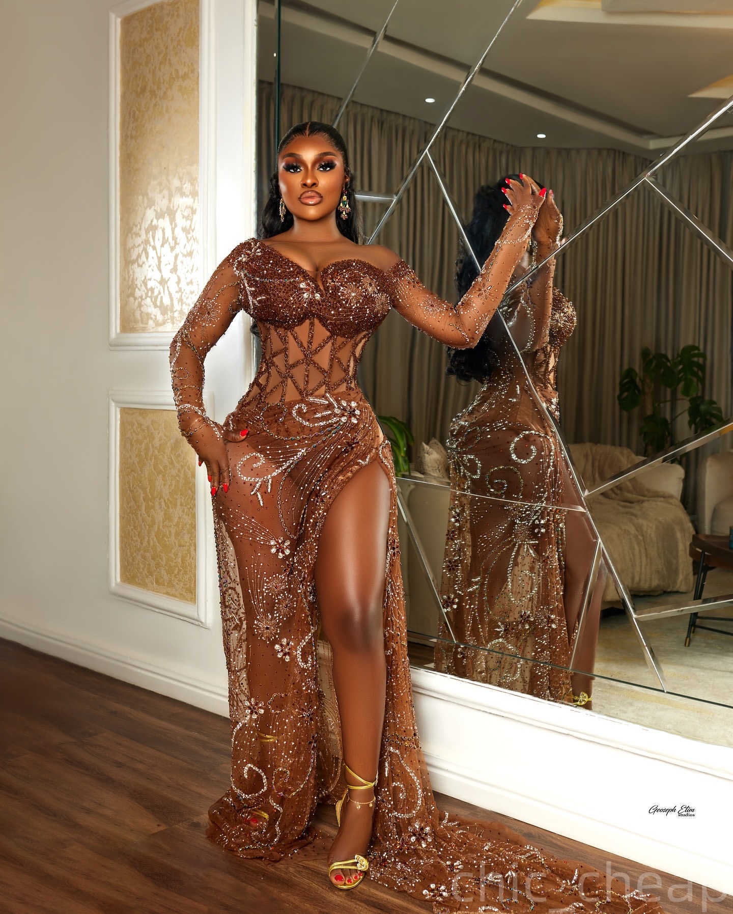 Aso Ebi Brown Mermaid Prom Dresses 2025 Illusion Crystals Lace Evening Formal Party Second Birthday Engagement Gowns Plus Size Dress For Special Occas