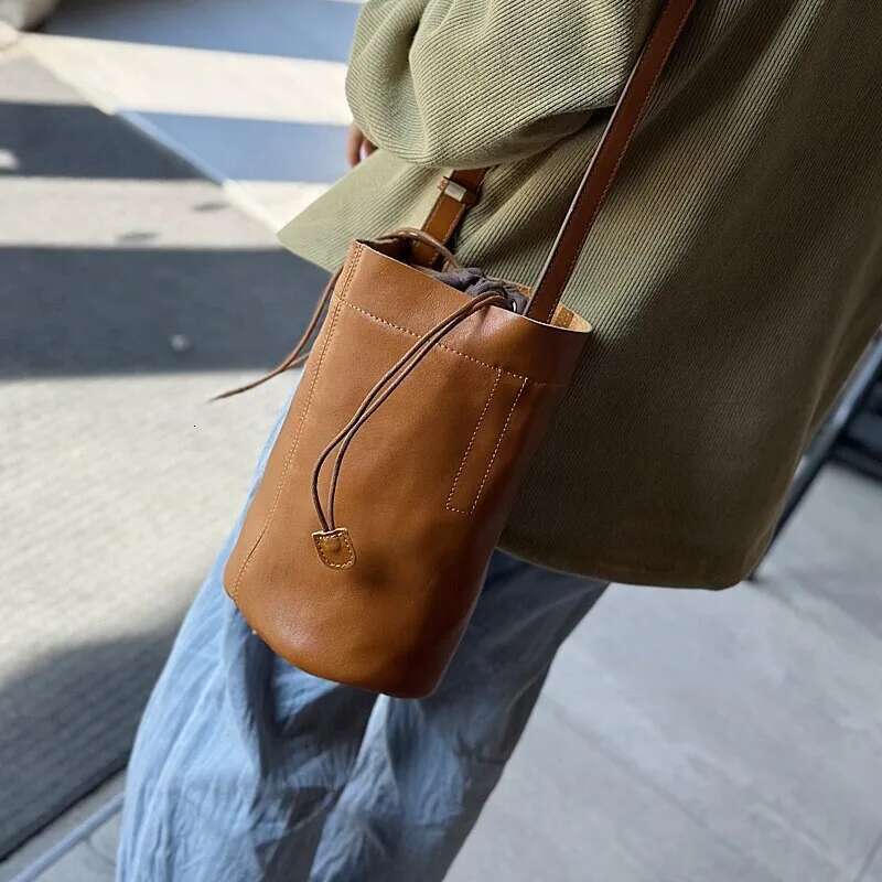 Genuine Leather Women Shoulder Bags Female Small Patchwork Bag 2024 New Drawstring Pockets Money Purse Designer