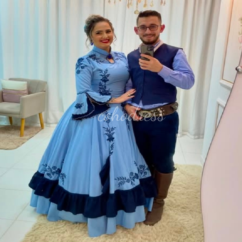 Traditional Blue Folklorico Evening Dress High Neck Long Sleeve Embroidery Prom Dress Elegant Carnival Costume Formal Cultural Celebrations Special Oc