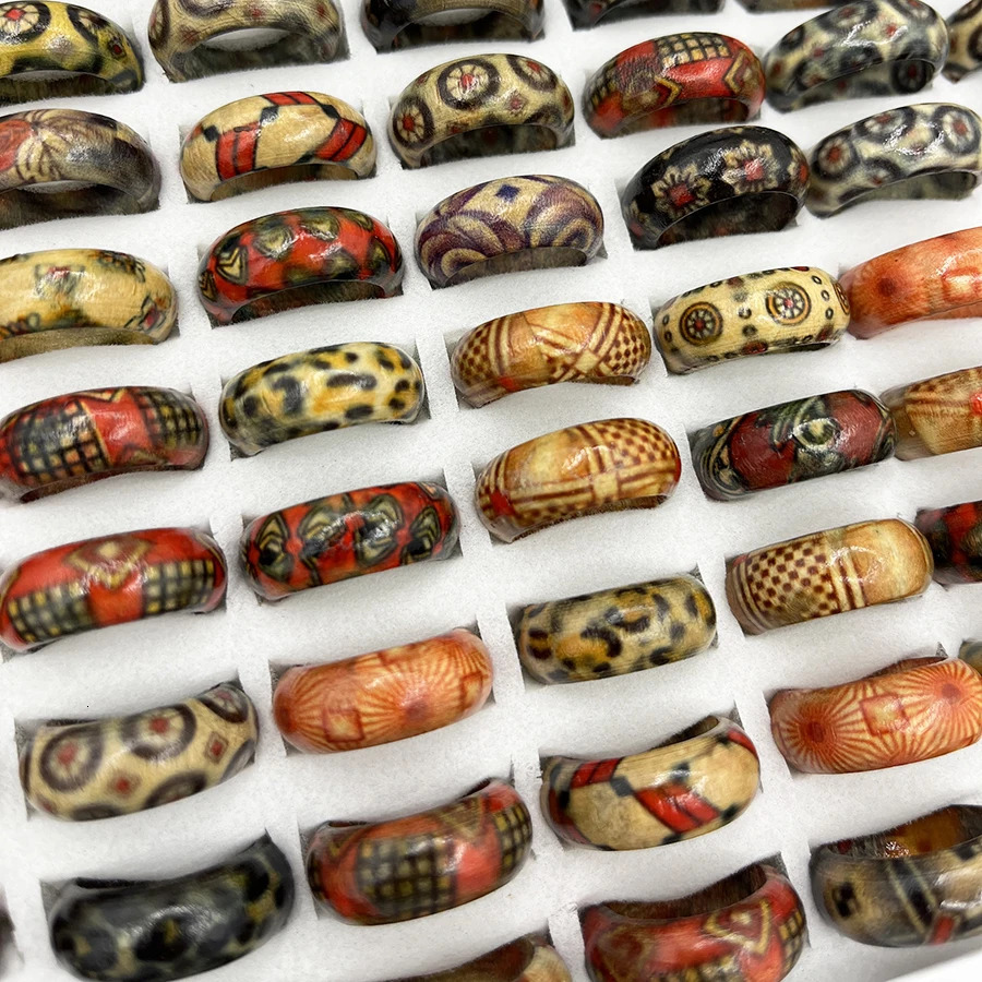 50/100Pcs Vintage African Totem Wood Neutral Ring Ethnic Style Mixed Payment Multi Piece Set Finger Accessories Jewelry Gifts 250218