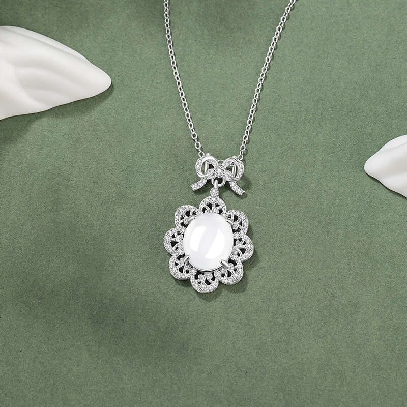 Bowknot Sterg Sier Necklace New Chinese China-Chic Natural Foam Jade Egg Face Collar Chain ins Suower Pendant