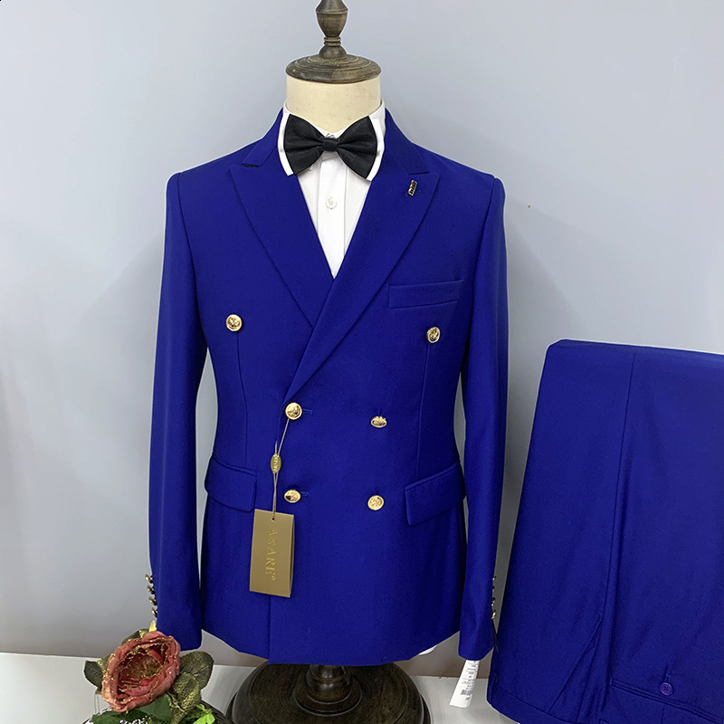 Men's Suits Blazers Fashion Men's Leisure Boutique Double Breasted Plaid Suit 2 Piece Set Drees Blazers Jacket Pants Trousers Two Pcs 231205