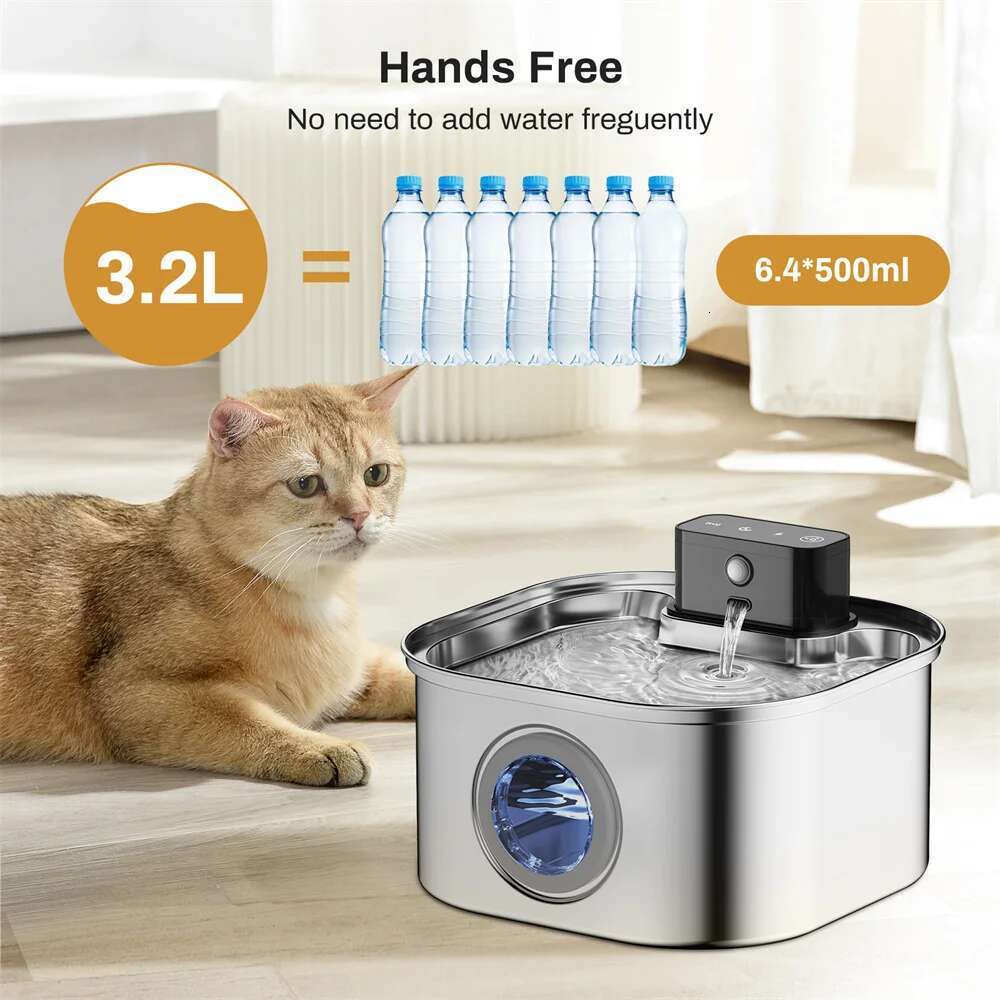 3.2Lstainless Less Charging Cat And Dog Water Fountain Rechargeable Automatic Induction Cycle Filter Pet Drinking Bowl