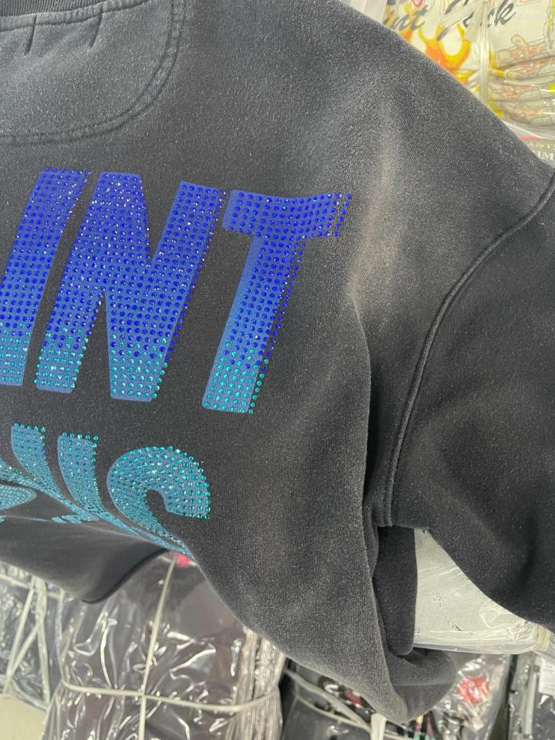 Men's Hoodies 25SS Rhinestone O-Neck Long Sleeve Pullover Men Women Vintage Washed Black Cotton Sweatshirt