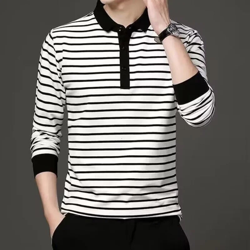 Spring and Autumn Mens Long Sleeve Tshirt with Polo Collar Black White Stripes Top Youth Casual Male Comfortable Shirt 250219