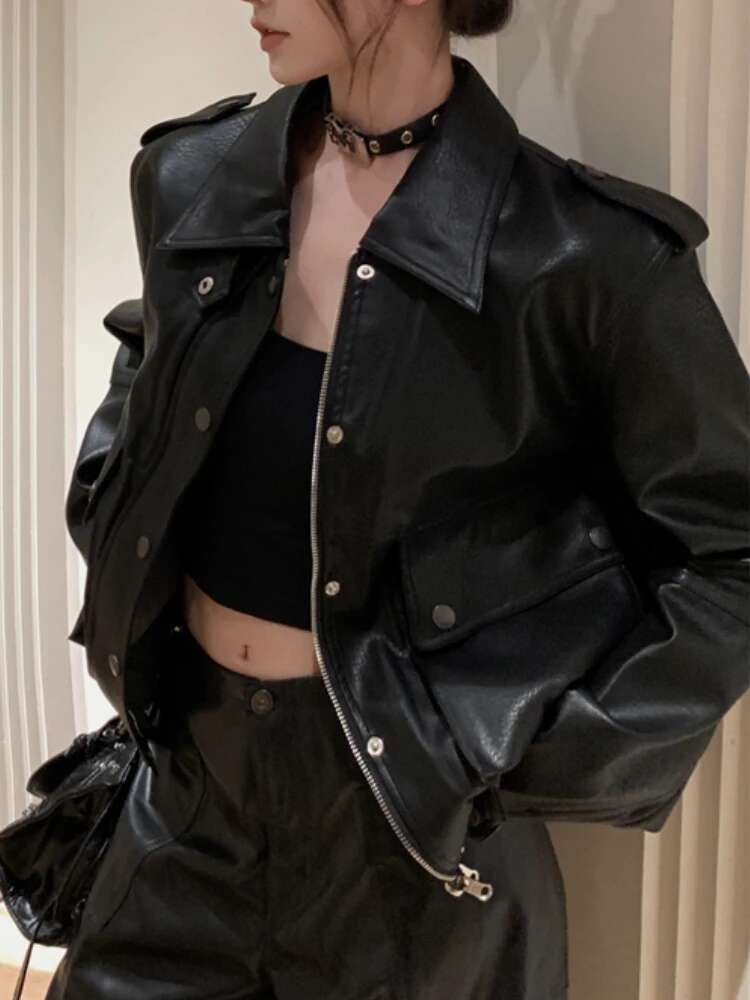 Punk Streetwear Black Women Winter Casual Moto Biker Zipper Leather Jacket Fashion Trench High Street Faux Coat