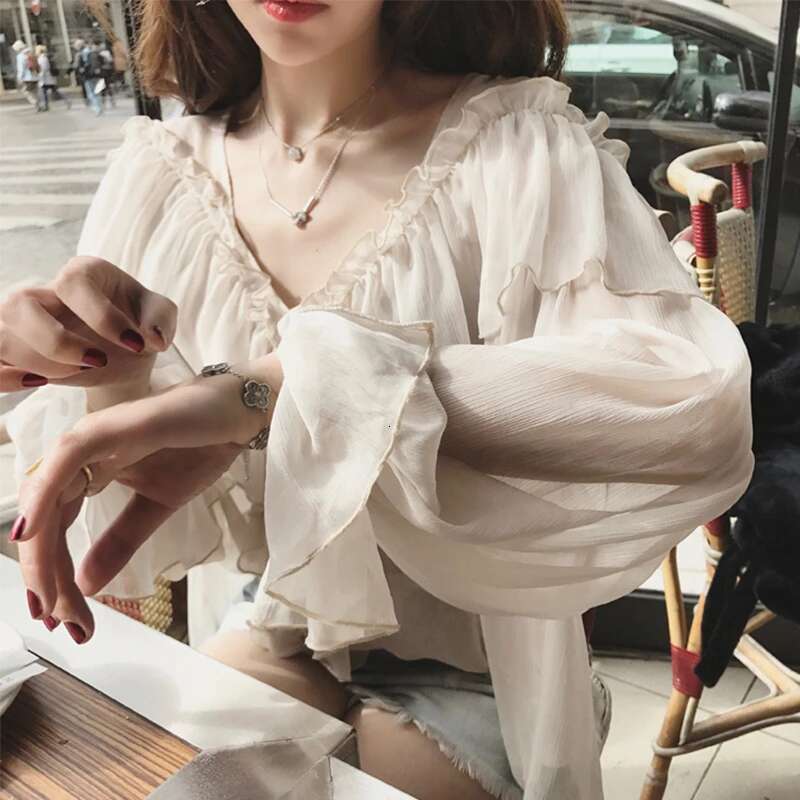 V-Neck Sexy Shirts Women Summer See Through Boho Mesh Blouse Ruffle Flare Sleeve Elegant Peplum Tops Ruffles Ladies Blusas 13459