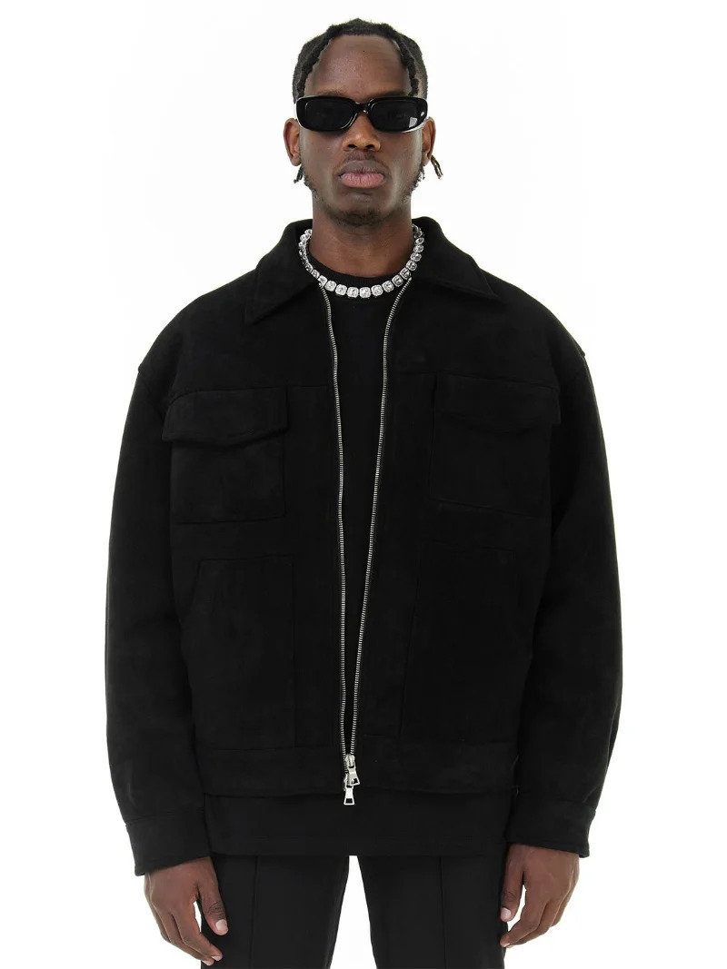 Autumn Jackets Oversize Casual Clothes High Street Pockets Laper Zipper Suede Thick Coat Mens Windbreaker Loose 250218
