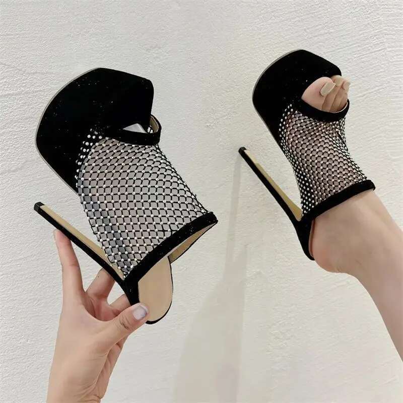 Design Peep Toe CRYSTAL Mesh Fabric Sexy Women Slippers Stiletto Platform High Heels Female Nightclub Shoes