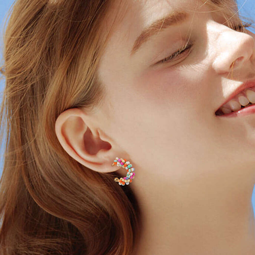 New high-end cute wind copper wire wrapped round rice bead women's small earrings