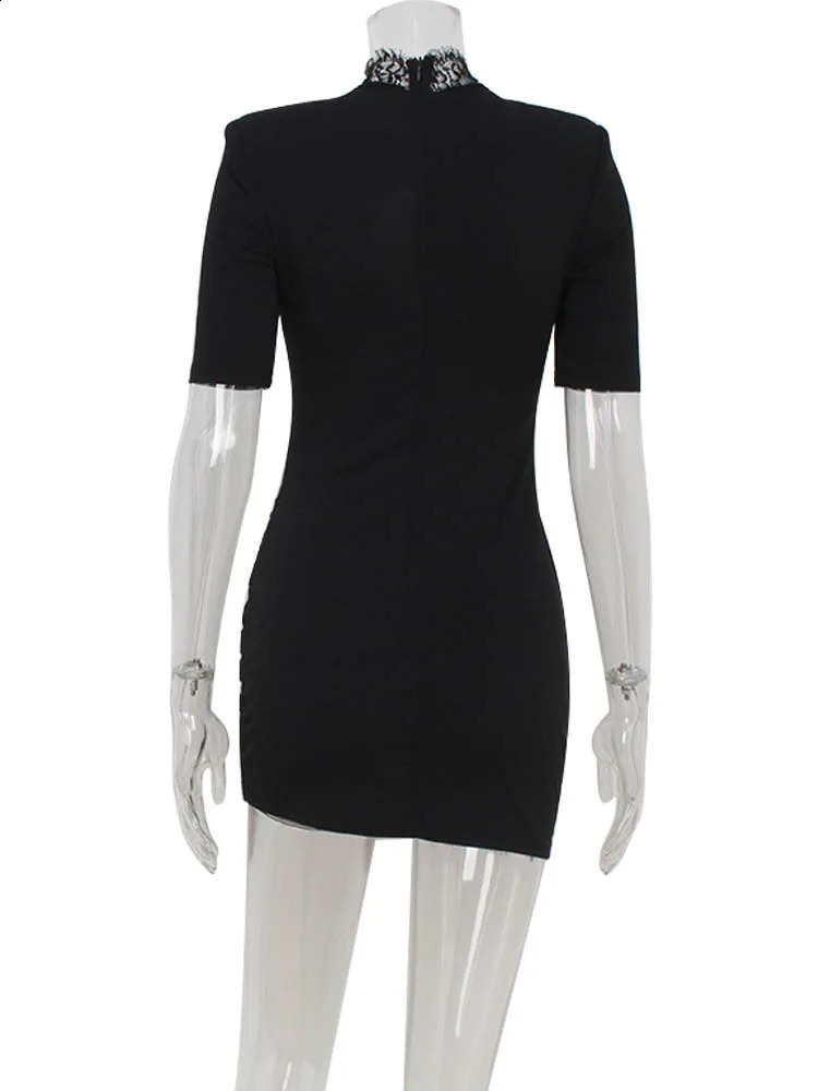 Ahagaga Sexy Sheath Womens Mini Dresses Solid Lace Turtleneck Slim Fit Bodycon Hollow Out Half Sleeves Streetwear Vestidos Robe 250218