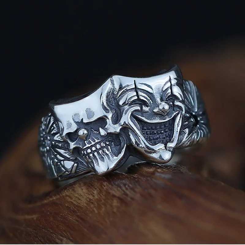 Retro Two Face Joker Ring For Men Silver Color Punk Gothic Adjustable Ring Rock Handmade Hiphop Unisex Jewelry Accessories GiftXJ250219