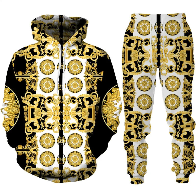 Baroque Court Style Hoodie/Suit Mens Golden Flower 3D Printed Sweatshirt Trousers Set Fashion Unisex Streetwear Clothing 250218