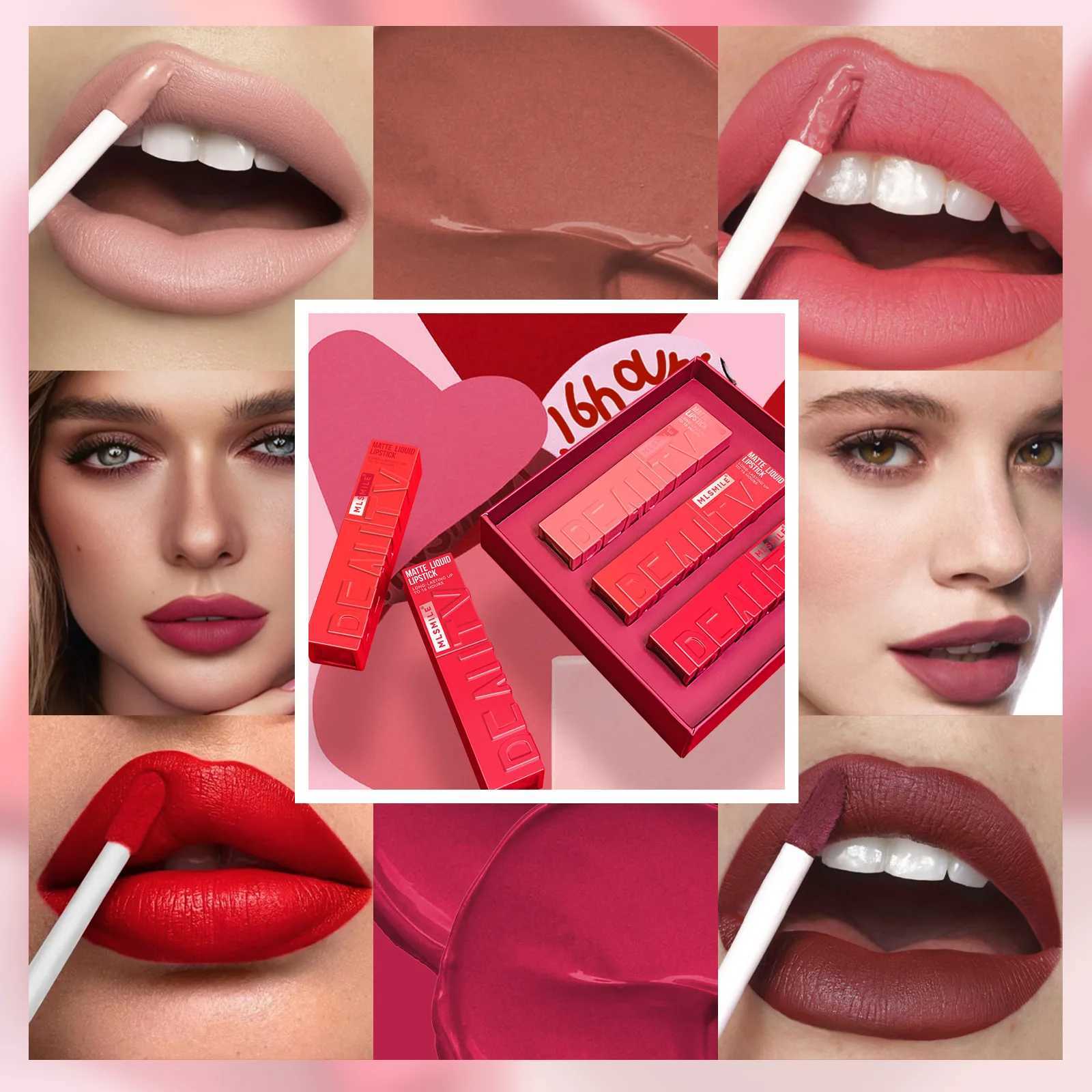 MLSMILE 3PCS/SET long-lasting Non-stick cup Velvet Mist Liquid matte Lip Gloss lipstick Waterproof easy color improve complexionW250219