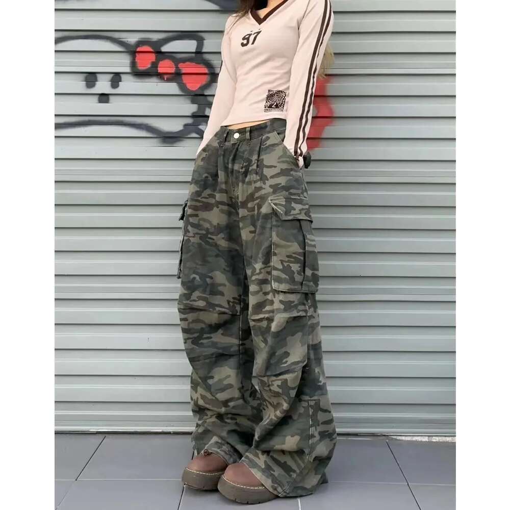 2025 New Camouflage Women Y2k Hip Hop Vintage High Waisted Jeans Straight Streetwear Casual Loose Large Size Wide Leg Denim Pants