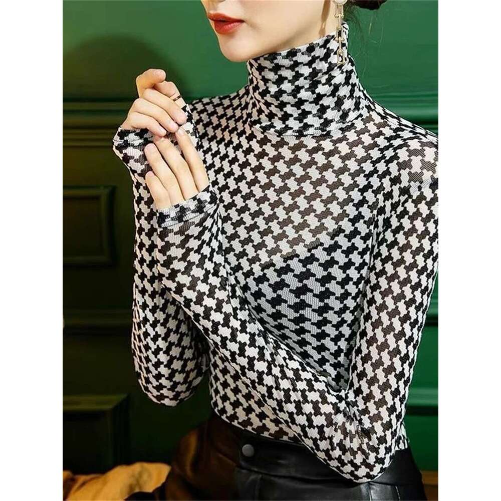 Women Summer Style Blouses Shirts Lady Casual Long Sleeve Turtleneck Polka Plaid Mesh Blusas Tops Dd9304