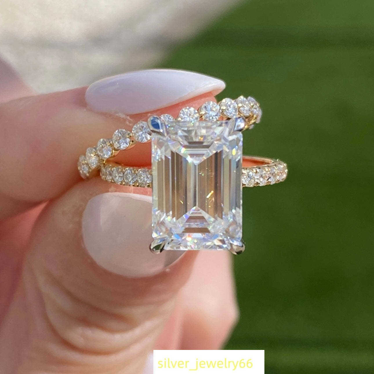 Luster Fine Jewelry Solitaire Hidden halo GRA Certificate Diamond 5ct Emerald Cut 14k Gold Moissanite Ring Set for Engagement