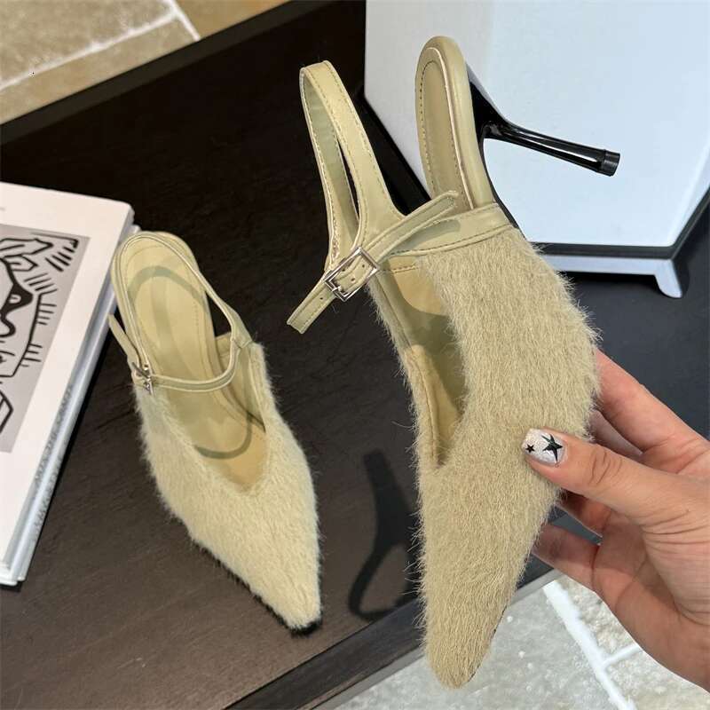 2025 New Fashion Furry Women Pumps Sandal Thin High Heel Pointed Toe Dress Ladies Elegant Sgback Shoes
