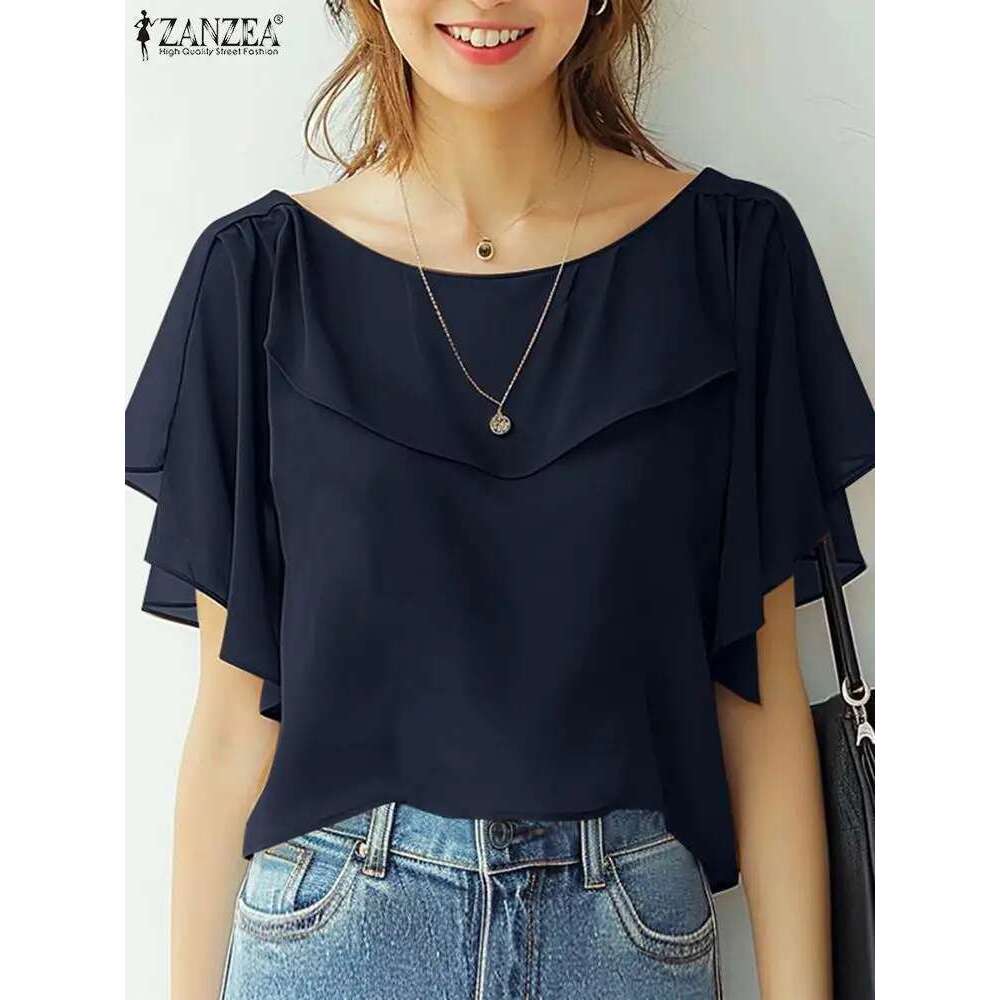 ZANZEA Summer Women Chiffon Blouse Elegant Short Sleeve Tops Shirt 2024 Korean Fashion Casual Tunic Chic Ruffle Hem Blusa