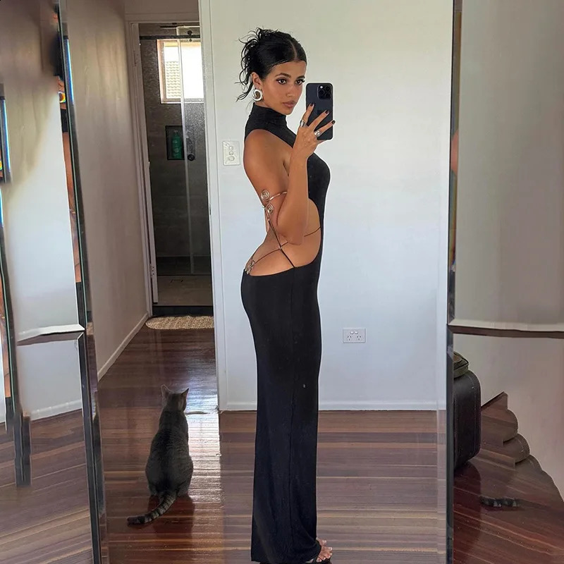 Sexy Backless Bandage Bodycon Maxi Dress Women Turtleneck Sleeveless Black Gothic Party Vestido Spring Fall Y2K Clothes 250218