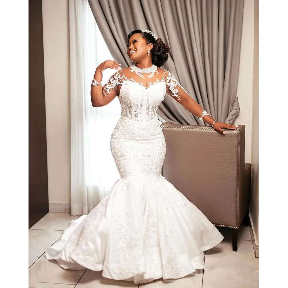 Saudi Mermaid Wedding Dresses 2025 Sheer O Neck Beads Pearls Long Sleeve Bride Dress Formal Custom Made Lace Appliques Bridal Go