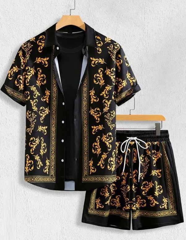 Hawaiian Shirt Set Men 3D Printed Retro Pattern Summer Fashion Casual Luxury Daily Oversized Button-up Shirt+shorts 2 Piece SetXJ250218