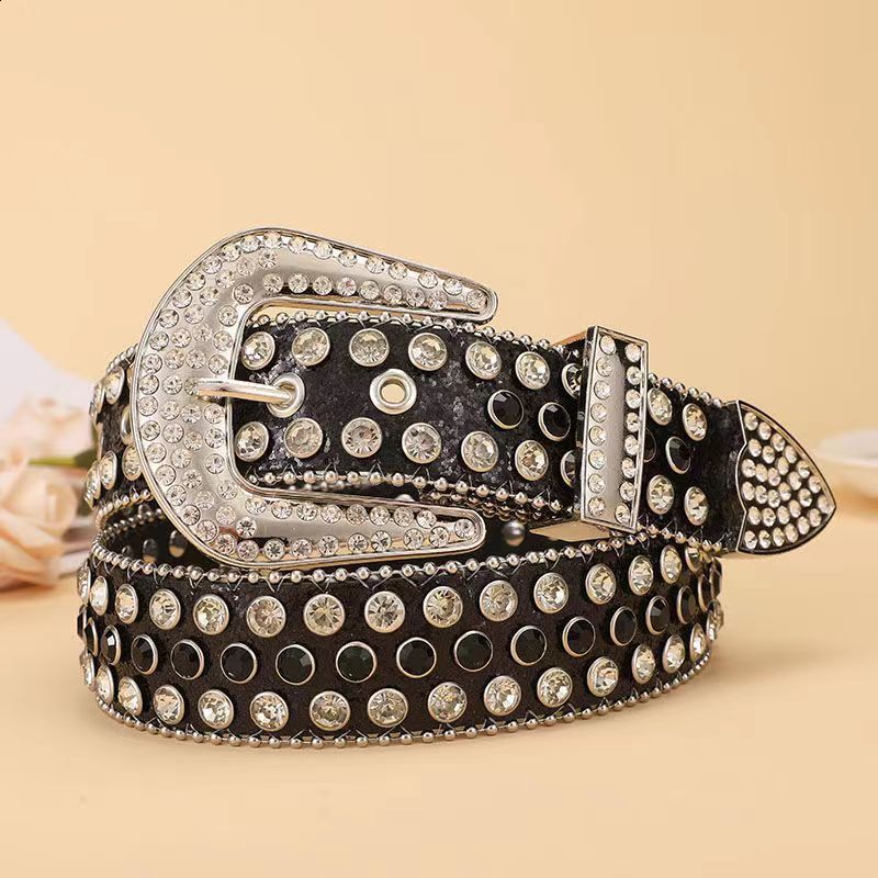 Belt womens rivet alloy water diamond inlaid diamond needle buckle three piece set punk style hip-hop trend241119