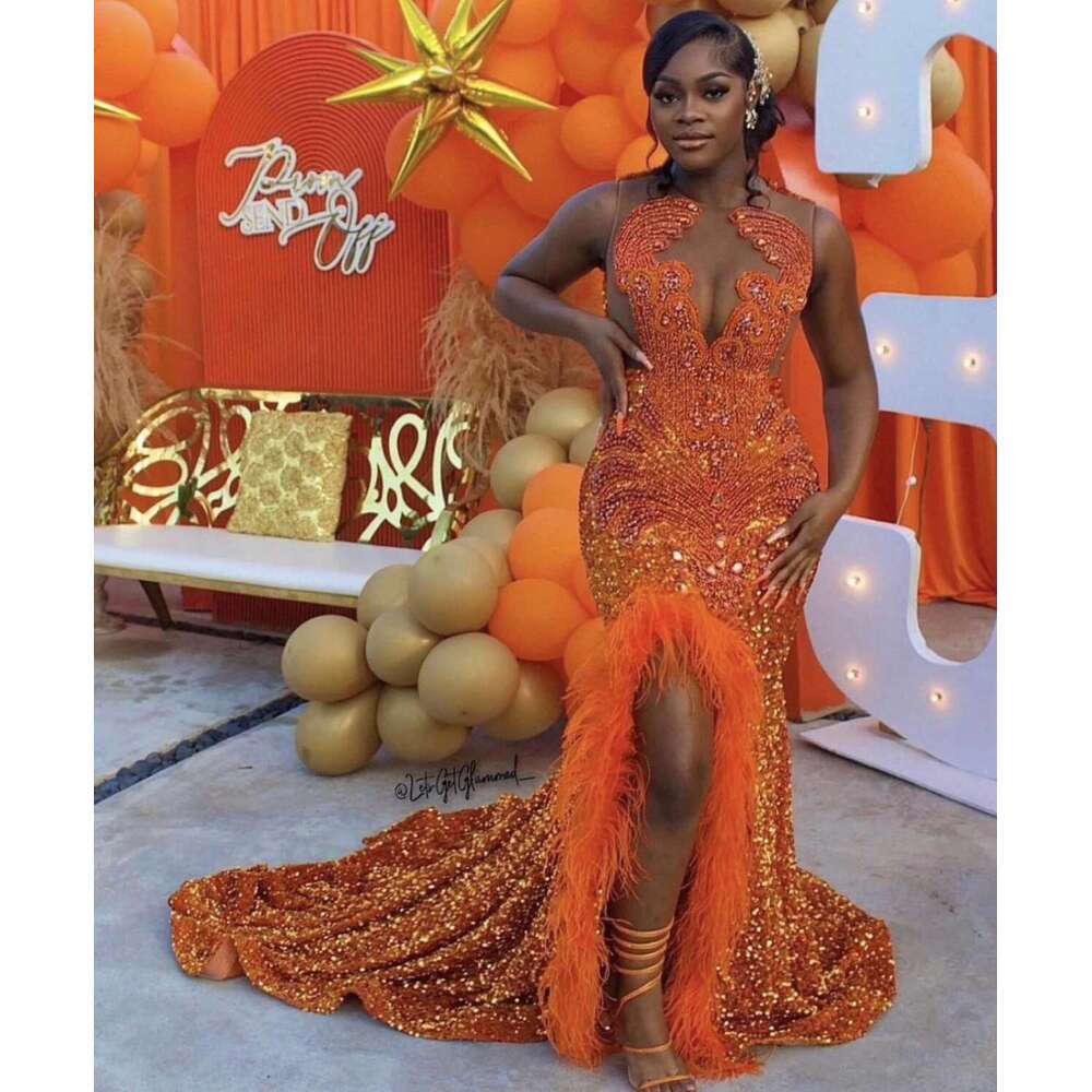 Feather Rhies Prom Dresses Orange 2024 Black Girl Mermaid Beaded Long Formal Evening Party Gown for Birthday