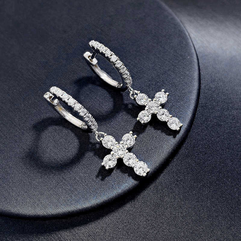 Luster Jewelry Holy Blessing 925 Silver D Color Round Moissanite Cross Pendant Earring for Women