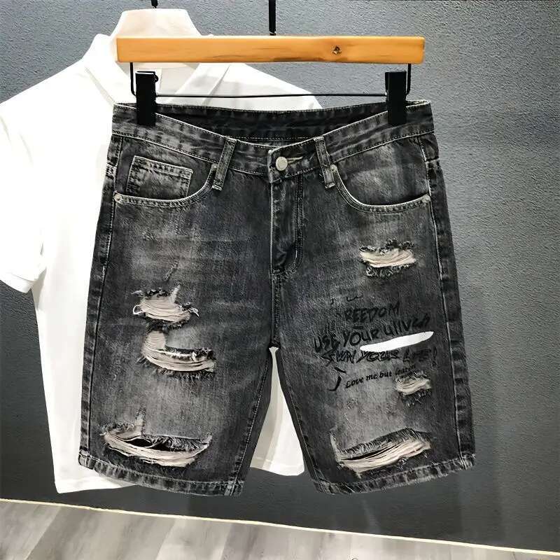 Haruku's New Casual Summer Short Jeans, Ripped Work Pants Designer Knee Length Men's Outdoor Street Denim Cotton Loose Black Gray Shorts