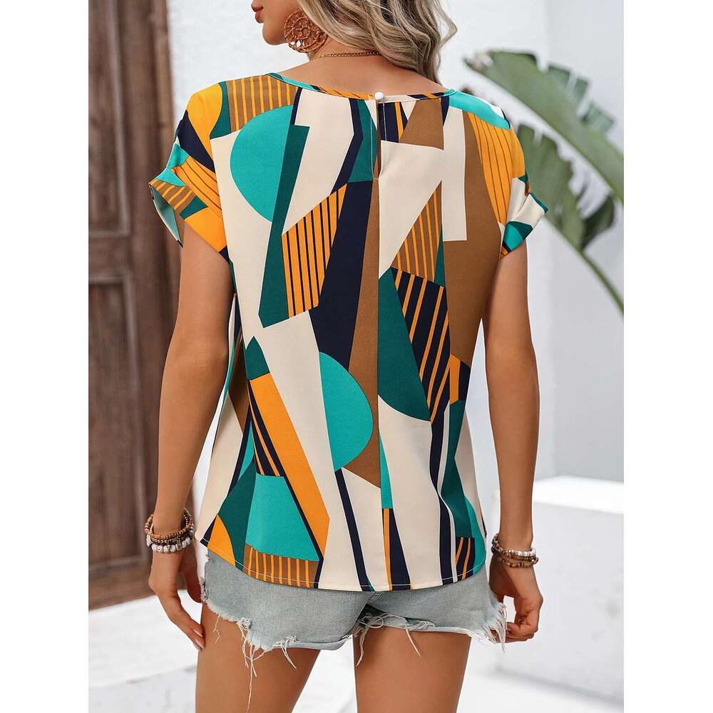 European American Cross-Border Women's Fashionable And Elegant Geometric Pattern Printed Bat Sleeve Shirt