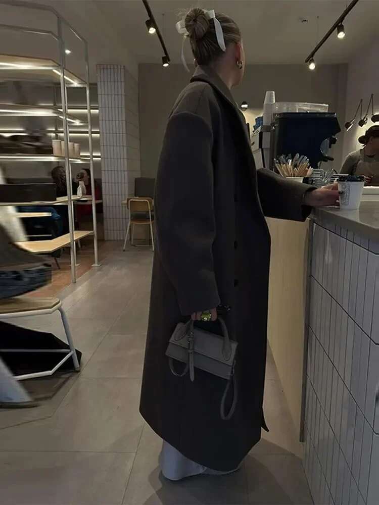 Lapel Women Long Coats Casual Straight Overcoat Double-Breasted Office Ladies Coat Autumn Winter Vintage Streetwear Outwear