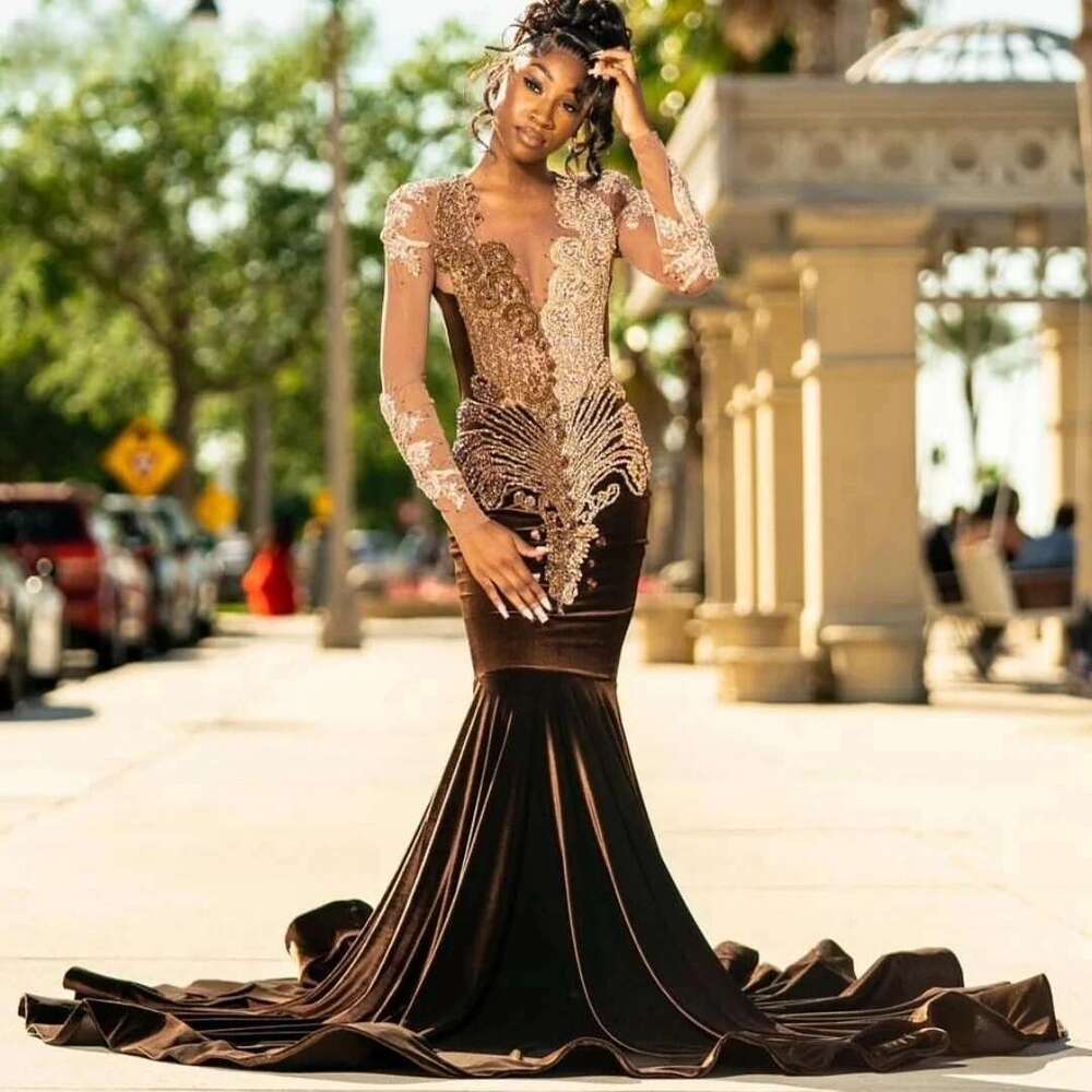 Veet African American Prom Dresses For Black Girls Mermaid Long Sleeves Crystals Women Evening Gown Customized