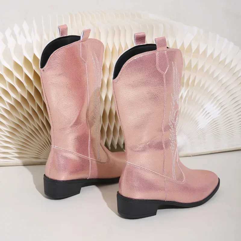 Pink Embroider Cowboy Boots for Women 2023 Autumn Winter Chunky Heels Mid Calf Western Knight Boots Woman Pointed Toe Tube Botas Z250704
