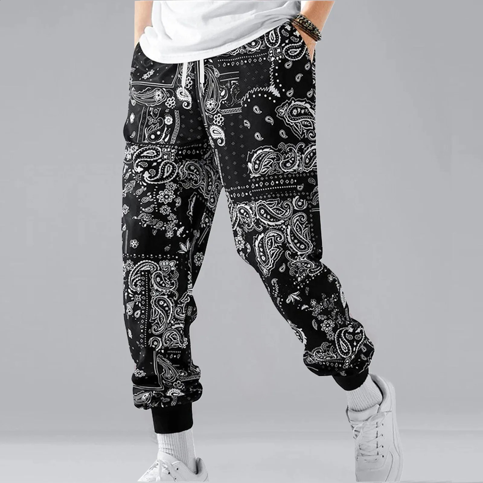 Retro Print Long Sweatpants Mens Elasticated Waist Casual Trousers Drawstring Pockets Autumn Winter Jogger Trousers Mens 250214