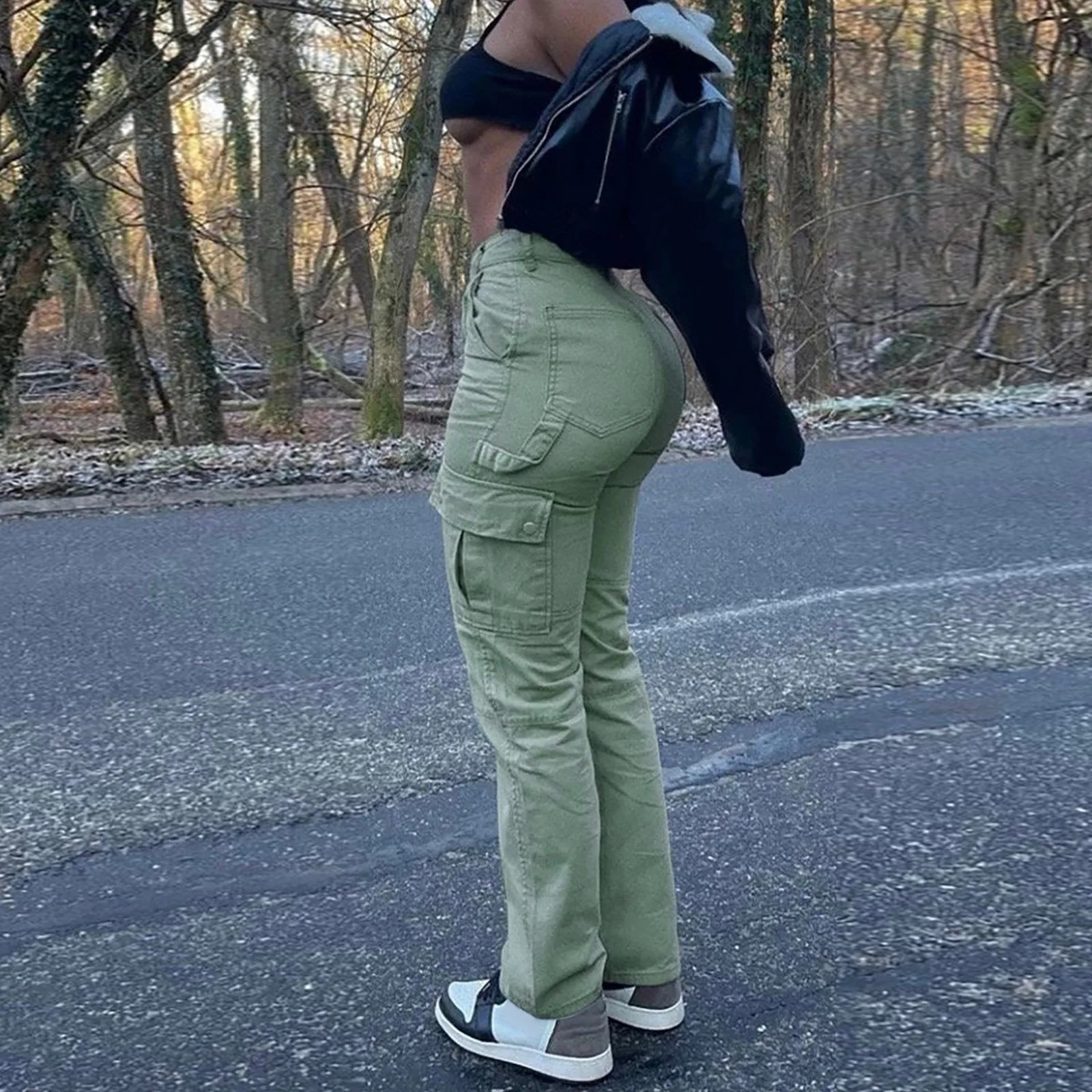 Women Fashion Cargo Pants Pure Color Multiple Pockets Zipper Front High Waist Slim Fit Pants Y2k Streetwear Simple Trousers 250218