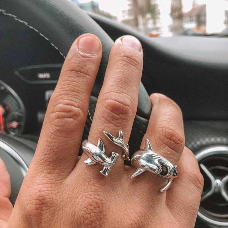 Q0KE 2x Punk Style Shark Rings White Shark Hammerhead Shark Rings Adjustable Opening Metal Ring Jewelry Decor for Women MenXJ250219